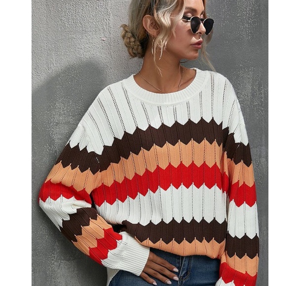 Chunky striped crew neck knit sweater - Picture 2 of 5